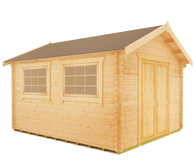28mm log cabin with solid double doors, two side windows and apex roof.