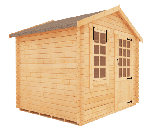19mm log cabin with half glazed single door, front window and apex roof.