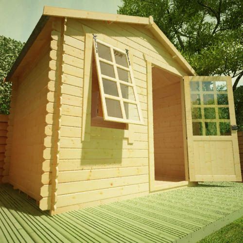 19mm log cabin with open half glazed single door, front window and apex roof, situated on decking.