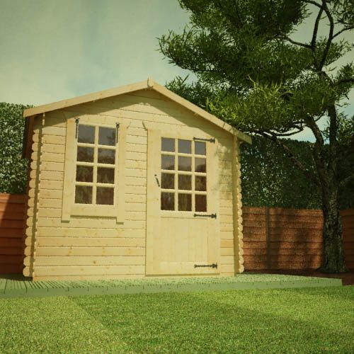 19mm log cabin with half glazed single door, front window and apex roof, situated on decking.