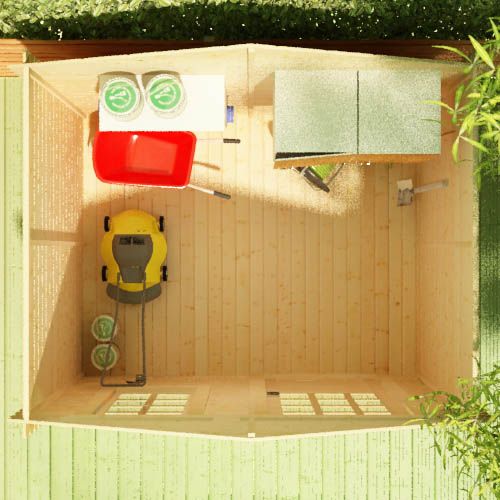 Ariel view of 19mm log cabin storing garden equipment such as a wheelbarrow, lawn mower and tins of paint.