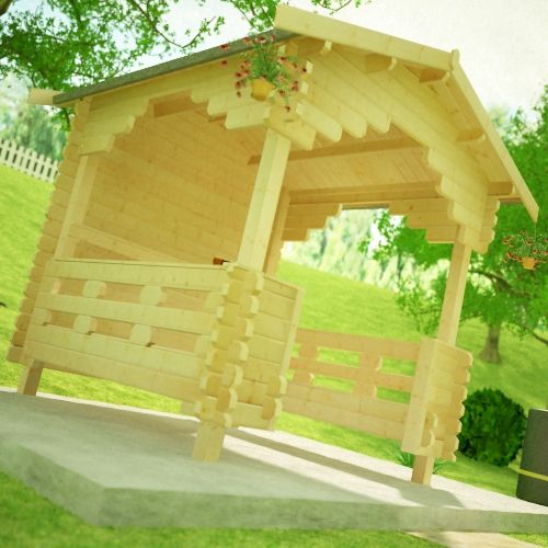 Outdoor 44mm timber shelter with built in benches and apex roof.