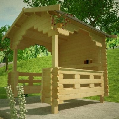 Outdoor 44mm timber shelter with built in benches and apex roof.