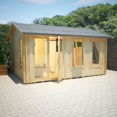 44mm log cabin with fully glazed double doors, full length windows and apex roof, situated on patio.