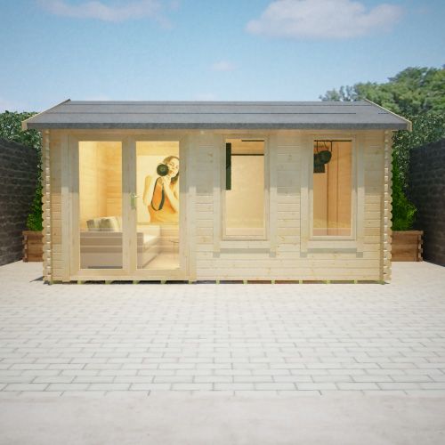 44mm log cabin with fully glazed double doors, full length windows and apex roof, situated on patio.