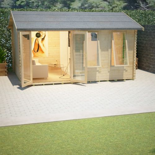 44mm log cabin with open fully glazed double doors, full length windows and apex roof, situated on a patio.
