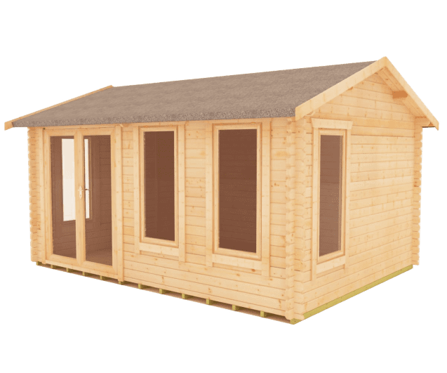 44mm log cabin with fully glazed double doors, full length windows and apex roof.