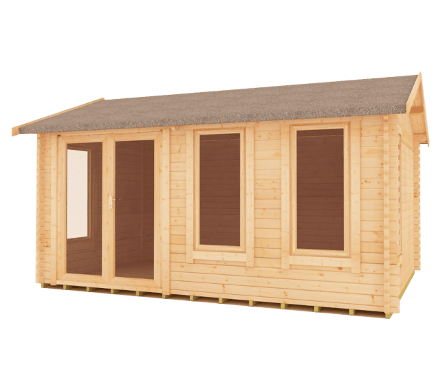 44mm log cabin with fully glazed double doors, full length windows and apex roof.