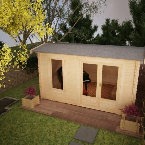 28mm log cabin with half glazed double doors and full length window with apex roof situated on a patio.