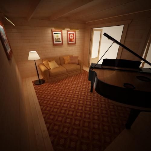 Interior of 28mm log cabin with cream sofa, black piano, lamp and red rug.