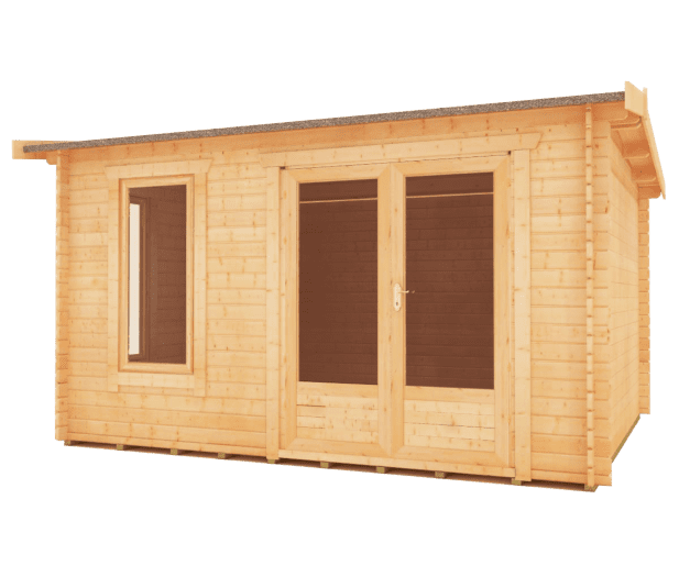 28mm log cabin with half glazed double doors, full length windows and apex roof.