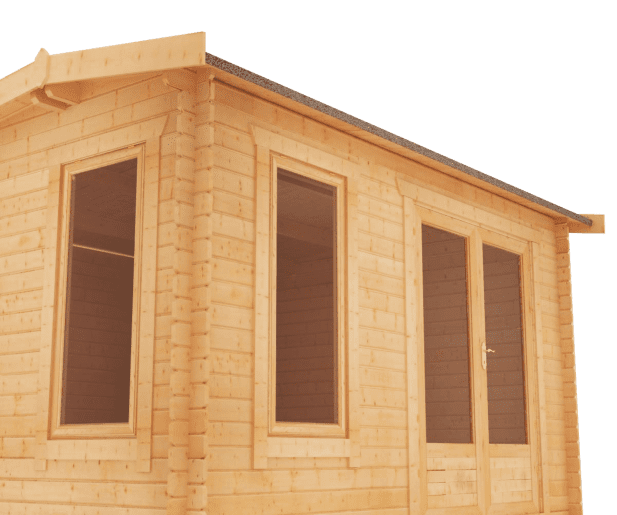 28mm log cabin with half glazed double doors, full length windows and apex roof.