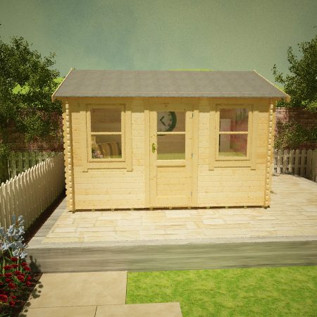 28mm log cabin with half glazed single door, two windows either side of door and apex roof, situated on patio.