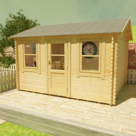 28mm log cabin with half glazed single door, two windows either side of door and apex roof, situated on patio.