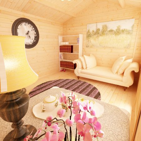 Decorated interior of 28mm log cabin with white sofa, bookcase, purple rug and brown wall clock.