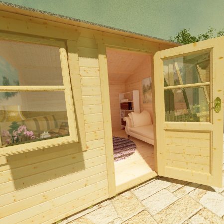 Open single half glazed door showing decorated interior of 28mm log cabin, with front window and apex roof.