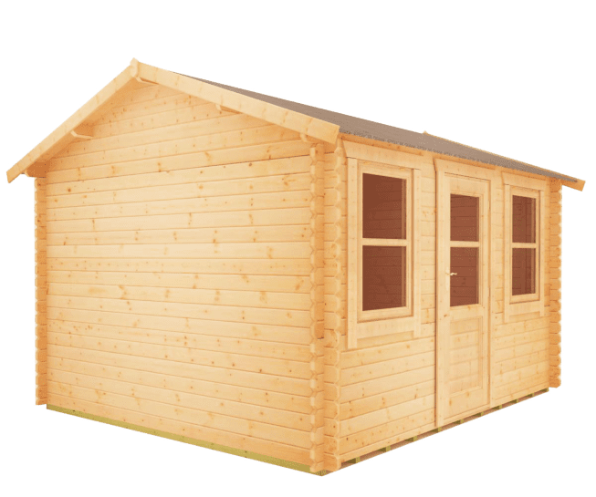 28mm log cabin with single half glazed door, two front windows and apex roof.