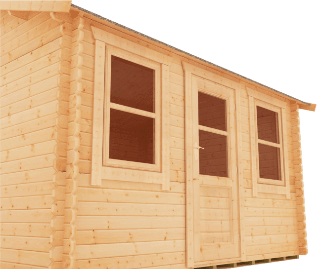 28mm log cabin with single half glazed door, two front windows and apex roof.