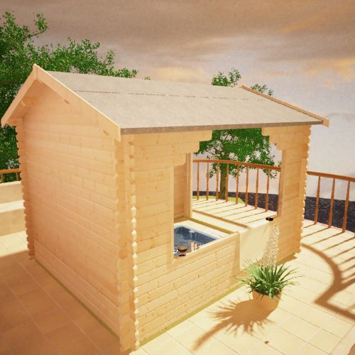 Side view of 44mm log cabin shelter with hot tub.