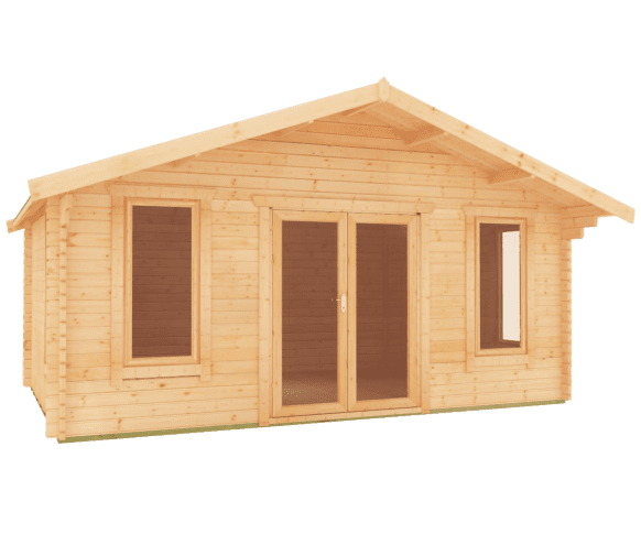 44mm log cabin with fully glazed double doors, full length windows and overlapping apex roof.