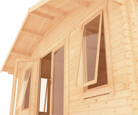 44mm log cabin with fully glazed double doors, full length windows and overlapping apex roof.