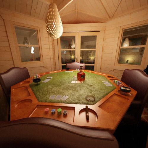 Interior of 28mm log cabin being used as a games room.