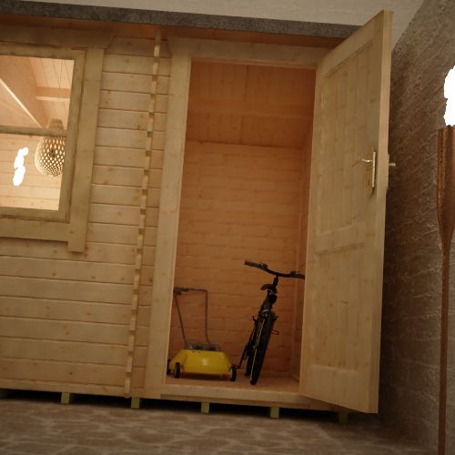 Open single door showing the interior of 28mm log cabin being used for storing a bike and a lawn mower.