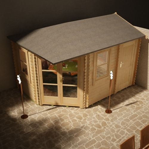Ariel view of 28mm corner log cabin with double doors and side windows.