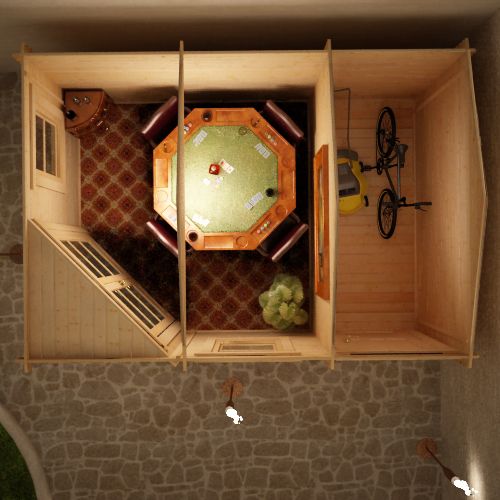 Ariel view of 28mm log cabin, showing a bike stored in one side and a games table on the other side.