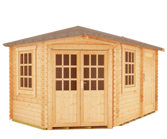 28mm corner log cabin shelter with double doors, side windows and hip roof design.