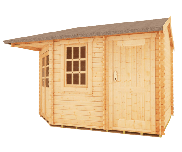 Side view of 28mm corner log cabin shelter with double doors, side windows and hip roof design.