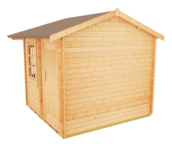 Rear view of 28mm corner log cabin shelter with double doors, side windows and hip roof design.