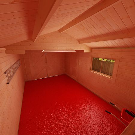 Interior of 44mm log cabin with red floor, ladder attached to wall, with bicycle and wheelbarrow being stored.