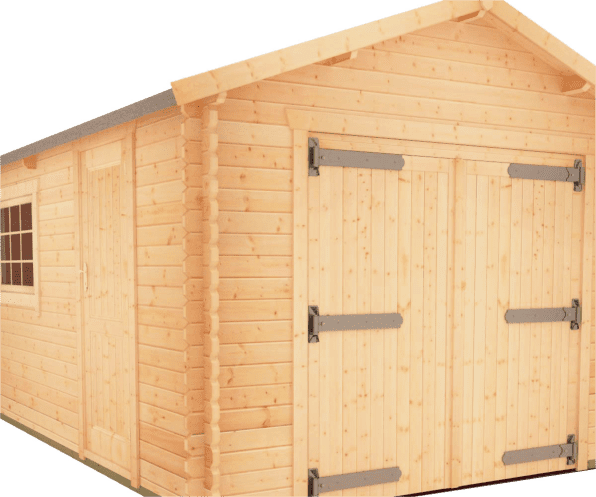 44mm log cabin with solid front double doors, side window, side single door, window and apex roof.