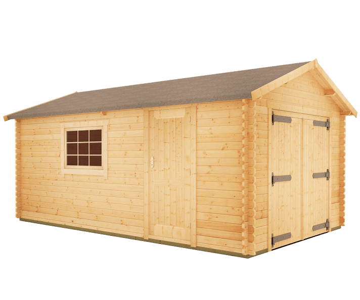 Side view of 44mm log cabin with solid front double doors, side window, side single door, window and apex roof.