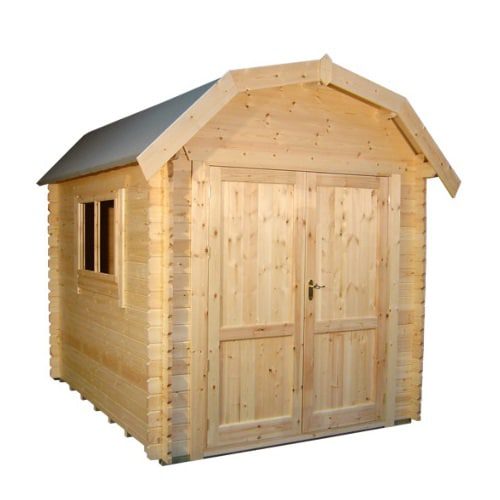 28mm log cabin in a barn style with fully boarded double doors at the front and a side window.