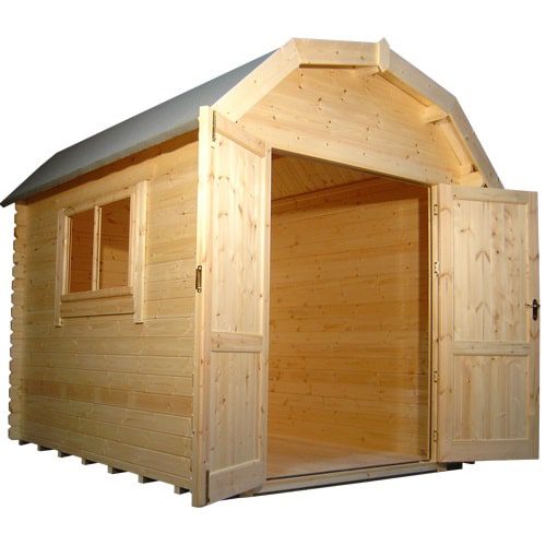 Open double doors showing the interior of 28mm log cabin in barn style, with side window.
