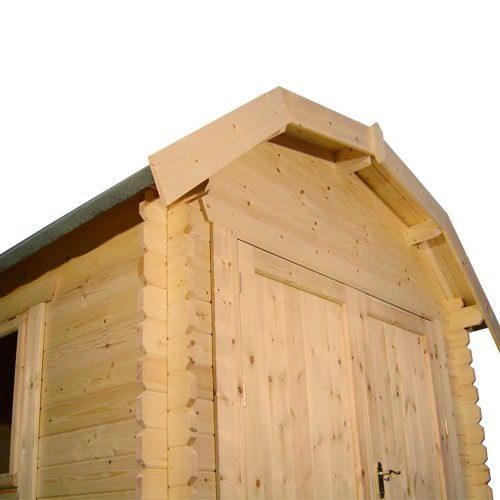 28mm log cabin in barn style with double doors at the front, side window and grooved interlocking logs.