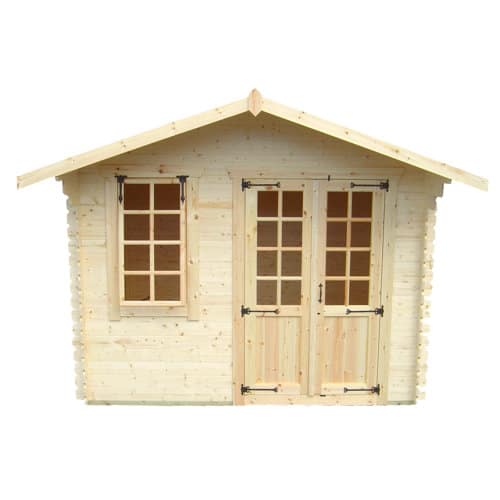 19mm log cabin with double doors, one window at the front and apex roof.