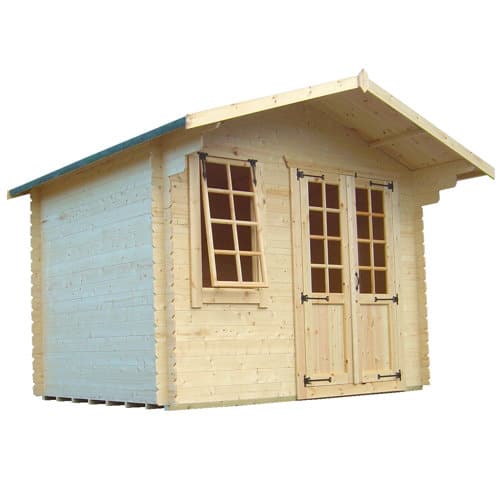 19mm log cabin with double doors, open window at the front and apex roof.