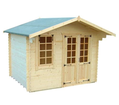 19mm log cabin with double doors, one front window and apex roof.
