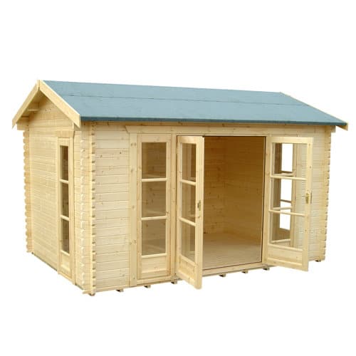 44mm log cabin with open double doors, side windows and apex roof.