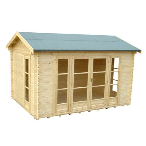 44mm log cabin with double doors, side windows and apex roof.