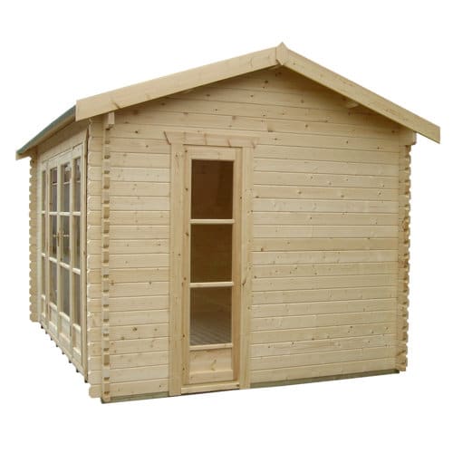 44mm log cabin with double doors, two windows and apex roof.