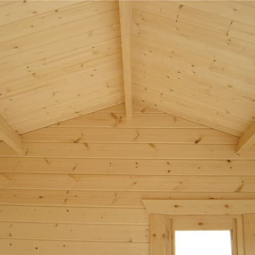 Interior view of roof and walls in 44mm log cabin.