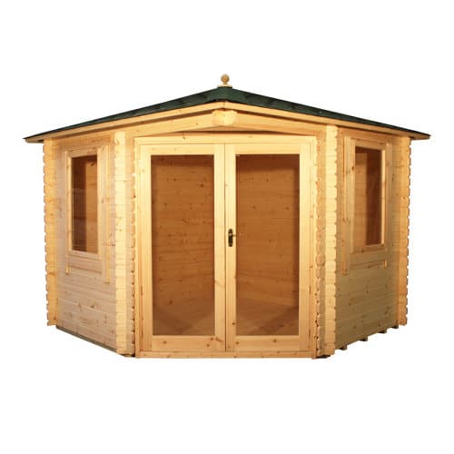 Corner 28mm log cabin with double doors, two side windows and hip roof design.