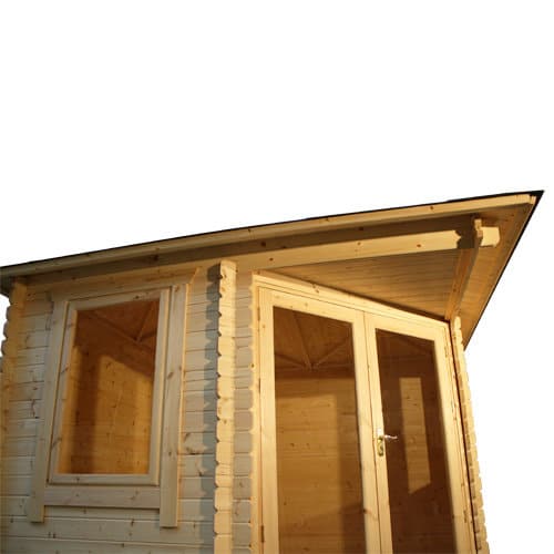 Corner 28mm log cabin with double doors, side window and hip roof design.
