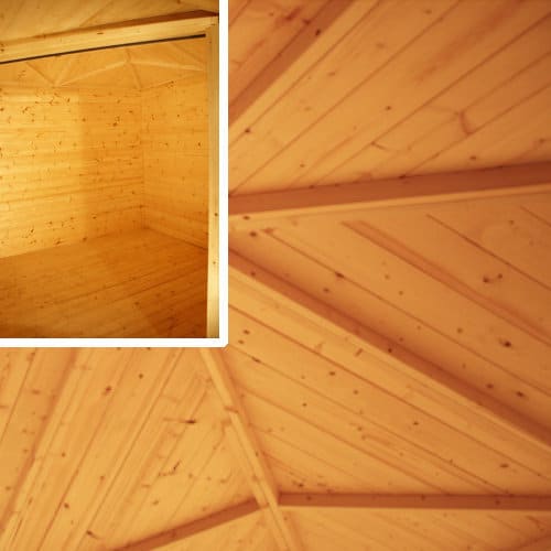 Interior view of roof structure and walls in 28mm log cabin.