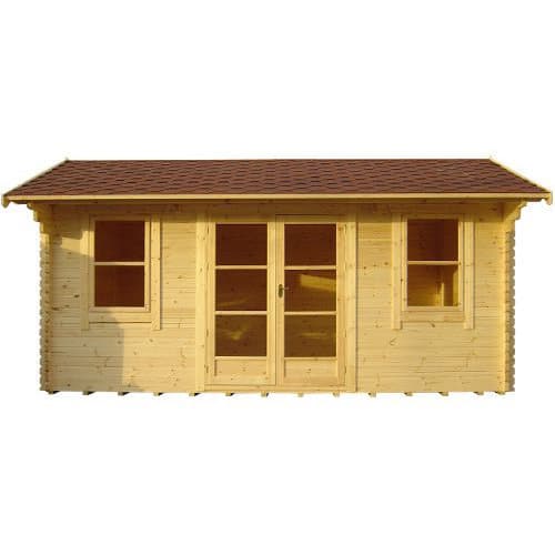 44mm log cabin with double doors, two front windows and apex roof with roof canopy.