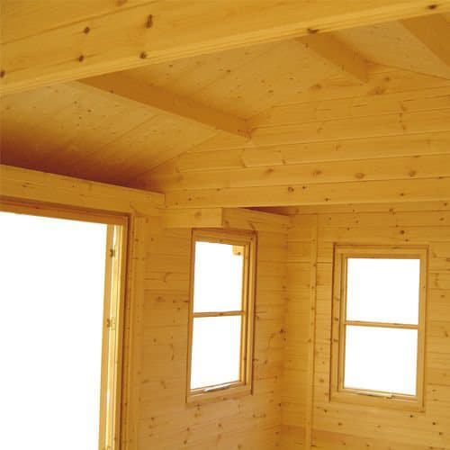 Interior view of rood structure, walls, windows and door in 44mm log cabin.